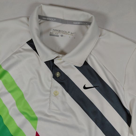 Nike Golf Other - Nike Golf Kids Large Dri-Fit Polo Shirt White Green Black Stripes Short Sleeve